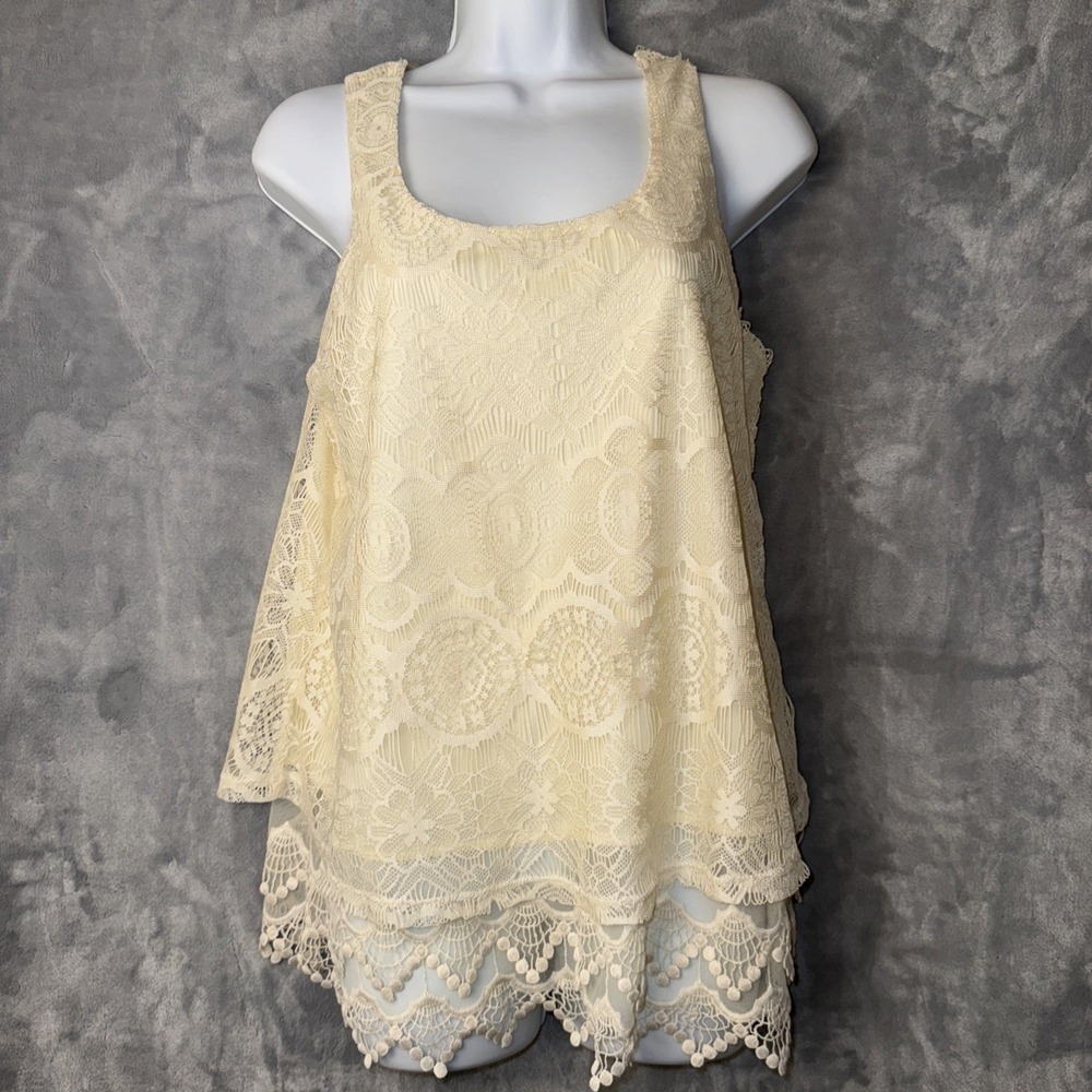 Belle du Jour‎ Lace Tank Top Women Large Cream Sleeveless Boho Tiered Floral